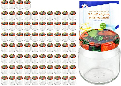 MamboCat 75er Set Rundgläser 212 ml nieder Deckelfarbe Obst Dekor to 66 inkl. Diamant Gelierzauber Rezeptheft, Marmeladengläser, Einmachgläser, Einweckgläser, Gläser
