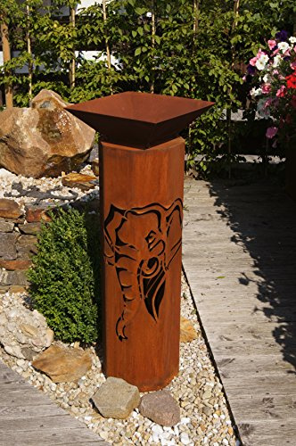 JH-Metalldesign 8-Eck Säule Elefant + Schale Classic Edelrost Rost Metall Gartendeko Garten Stele