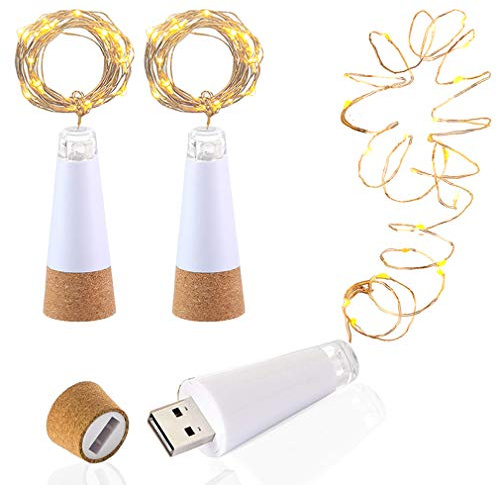 LED-flaska korklampor, USB-uppladdningsbar, 1,9 m koppartråd, 20 LED stjärnljusslingor, för gödsjälv-dekor, utomhus, BBQ, fest (3 st, varm vit)