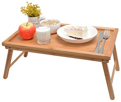 Betttablett Serviertablett Tabletttisch mit klappbaren Beinen - Sofatisch Frühstückstablett fürs Bett 50x30x23cm, Bambus
