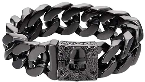 Flongo Herren-Armband Groß Panzerkette, Breit Edelstahl Cuban Curb Kette Fahrradkette Schwarz Totenkopf Schädel Motorradfahrer Biker Accessoires