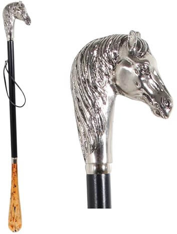 DELFA Design Gravur/Laserung Schuhanzieher Schuhlöffel - 70 cm mit silbernem Pferd als Griff - schwarzer Holzschaft mit Schlaufe - die elegante Anziehhilfe