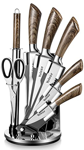 Velaze Set de Couteaux Cuisine, Couteaux en Acier Inoxydable de 8 Pièces, Bloc Couteaux Professionnels avec Support, Aiguiseur et Ciseau, Set de Couteaux de Cuisine avec Manche Ergonomique