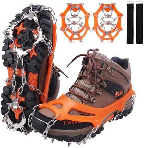 WIN.MAX Crampones, 19 Garras de Dientes Crampones Cubierta Antideslizante de Zapatos con Cadena de Acero Inoxidable para Excursiones Pesca Escalada Trotar Caminata sobre Nieve y Hielo (Amarillo, XL)