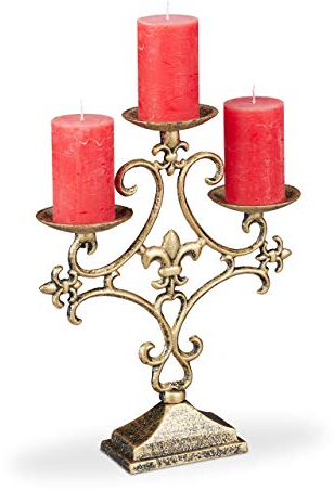 Relaxdays Chandelier, 3 Branches, Porte Grosses Bougies, Vintage, en Fonte de Fer,HlP 28,5x23x7,5cm, doré