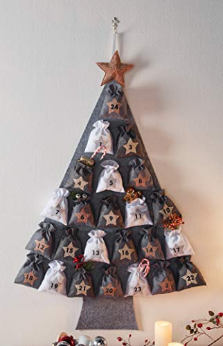 Dekoleidenschaft Adventskalender Tannenbaum aus Filz zum Befüllen, DIY Weihnachtskalender mit 24 aufgenähten Taschen