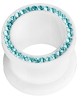 Taffstyle Flesh Tunnel Ohr Piercing Ear Plug Ohrpiercing Schraub Schraubverschluss Kunststoff Weiß mit farbigen Kristallen 18 mm Aqua