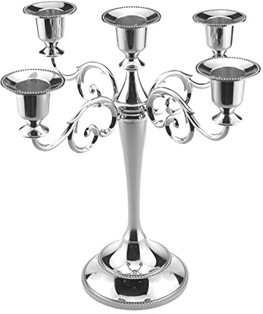 Holdfiturn Metal Candle Stand 5-Arms Candle Holder Table Candlestick Holders Retro Vintage Candlesticks Chic Decor for Home Wedding Christmas Party Candle Decoration (Silver)