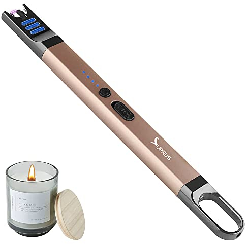 SUPRUS Accendino elettrico ad arco, antivento, senza fiamma, ricaricabile, tramite USB con luce LED per candela, campeggio, barbecue, cucina (oro)