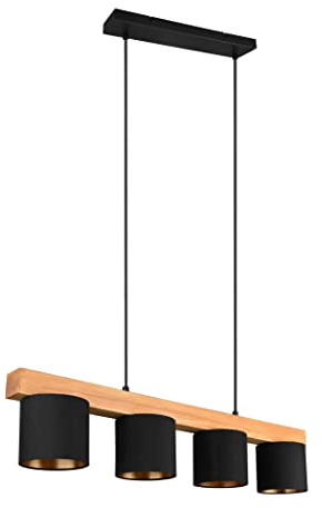 Reality Leuchten pendellampa Cameron R30654002, metall svart matt, tygskärm svart, guld, trä, exklusiv 4x E14