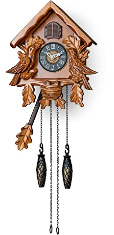 TIMEGEAR Cuckoo Clock with Night Mode, Singing Bird, Wooden Decorations and Swinging Pendulum (Brown)