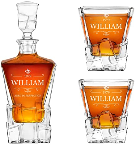 Maverton Personalised Whiskey Decanter and 2/4/ 6 Glasses for Man - Elegant Whiskey Set with Engraving - Ice Cubes Model - Stylish barware for Birthday - for Whisky connoisseurs - Vintage