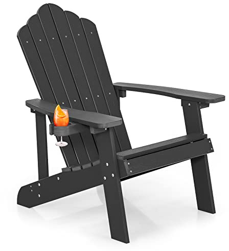 GIANTEX Adirondack Stuhl, Gartenstuhl mit Hochlehner & verstellbarem Getränkehalter, wetterfester Balkonstuhl für draußen, belastbar bis 170kg, 85 x 77 x 94 cm (Schwarz)
