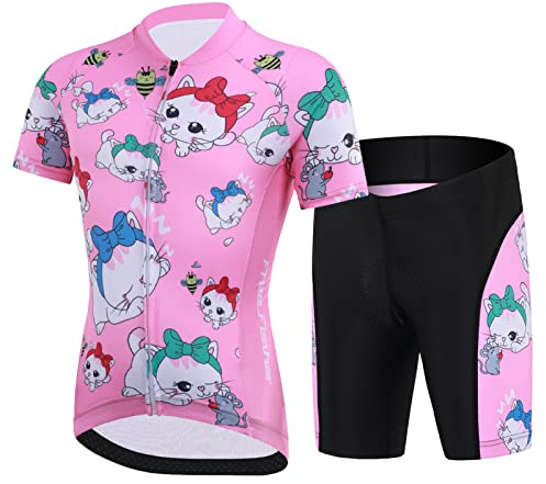 Amur Leopard Kinder Radtrikot Set Jungen Radsport Bekleidung Mädchen Fahrrad Trikot Kurzarm & Kurz Radhose mit Sitzpolster, Rosa-Katze, 104-110 (Etikettgröße: S)