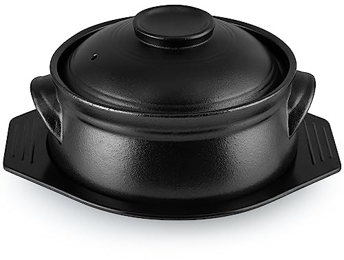 Sanbege Grand bol coréen en céramique avec couvercle et dessous de plat, marmite grésillante de 1530,9 g avec double poignées pour cuisiner et servir le Dolsot Bibimbap, soupe, riz, ragoût, cocotte,
