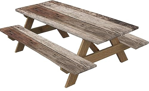 Highdi Nappes pour Table de Pique Nique avec Housses de Banc, Nappe Rectangulaire Ajustée Couverture de Table imperméable Élastique pour Extérieur, Jardin, Camping, Fête (Bois,30 * 72 Pouces)