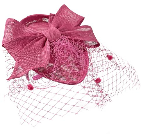Caprilite Teardrop Pointed Pillbase Large Bow Fascinator with Birdcage Veil on Headband UK (Fuchsia Pink)