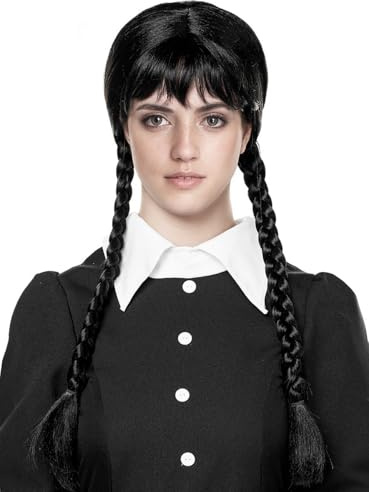 Goth Girl Perücke - Schwarze Langhaarperücke mit Zöpfen für Erwachsene - Kostüm-Accessoire für Halloween, Karneval & Motto-Party