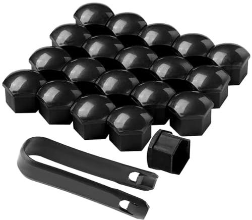 QitinDasen 20 Pezzi 21 mm Auto Ruote Copridado, Tappo Dado Bullone Ruota, Tappo a Vite Mozzo Ruote Auto Universale, Coperchio Dado Pneumatico Esagonali con Strumento di Rimozione (Nero)