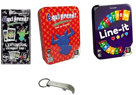 Set mit 2 Spielen, französische Version Line It + 6 Wer nimmt + Erweiterung + 1 Flaschenöffner Blumie (6 Wer nimmt + Line It)