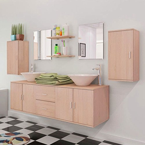 IKAYAA Conjunto de Muebles de Baño Moderno de 9 Piezas, Incluye Mueble de Lavabo Doble, Espejo, Armario de Pared y Estante, Beige