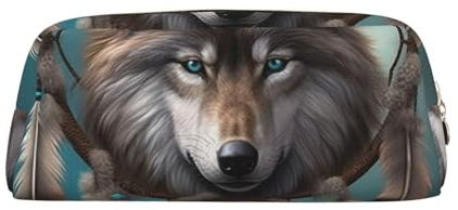 Federmäppchen, 3D-Wolf-Traumfänger, Leder, tragbar, Schreibwaren-Organizer, Stiftehalter, Make-up-Tasche mit Reißverschluss, gold, Einheitsgröße, modisch