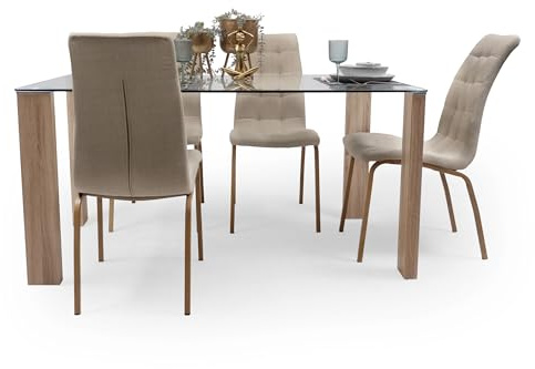 Homely - Conjunto de Comedor Gema ROSSET | Diseño Moderno | Mesa Comedor Cristal |140x90 cm | 4 sillas | Pata de Metal Color Madera | Comedor, Salón, Cocina, Sala | Tela Color Beige