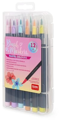Legami - Set di 12 Pennarelli con Punta Pennello - Brush Markers, Punta Flessibile in Fibra di Nylon, Pennarelli 12 Colori Pastello, Tratti Fluidi e Larghezze Variabili, Diametro Pennarello 1 cm