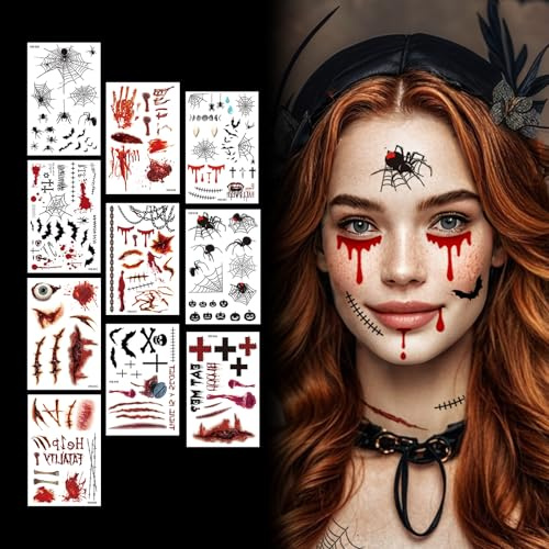 Halloween tattoos vampir Narben Makeup für Erwachsener, 10 Blatt Karneval Kostüm halloween gesicht tattoo aufkleber, Zombie Vampir Hexen Horror Narben Wunden Gruselig Gesichtstattoo, Tattoo Zubehör