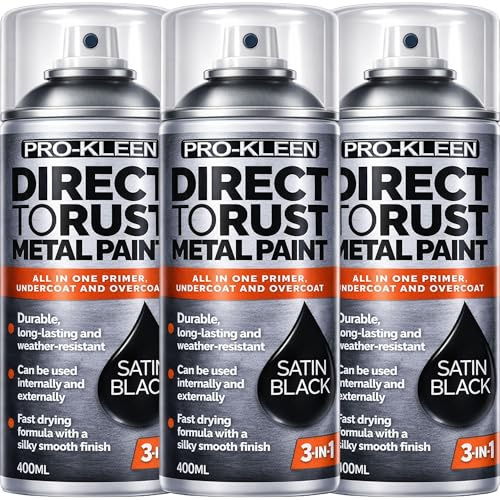 Pro-Kleen Direct to Rust Metal Paint 3 x 400ml - For Use on Metal, Wood, Furniture, Rust, Outdoor & Indoor Surfaces - 3-in-1 Primer, Undercoat & Topcoat - Black Satin Finish
