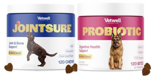 Joint & Gut Health Supplements for Dogs – 120 Chews Joint supplement with Glucosamine, MSM, Chondroitin & 120 Dog Probiotic Chews with Omega-3, Prebiotics & Colostrum – Supports Mobility, Digestion &