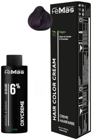Femmas Kit de coloration capillaire marron clair violet 5.2 I Hair Color Cream 100 ml + Oxycrème 100 ml 6 % I Coloration permanente + développeur I Doux et durable I Teinture pour cheveux de salon