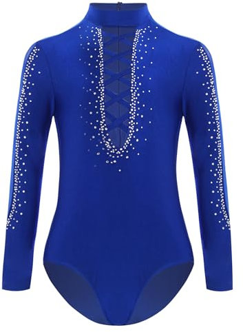 Oyolan Kinder Jungen Gymnastikanzug Turnanzug Langarm Leotard Mesh Patchwork Turntrikot Wettbewerb Tanzkostüm Blau 170