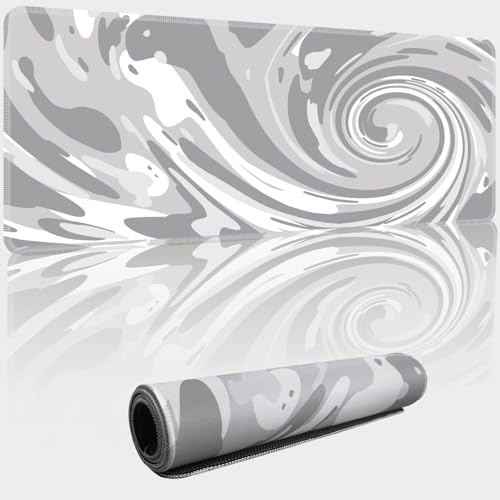 Fluid Pattern XL Mouse Pad,Thicken Waterproof Grey White Swirl Large Gaming Mousepad with Stitched Edge, Aqua Swirl Mousepad,Non-Slip Base Ink Liquid Mouse Keyboard Mat 800X300X3mm