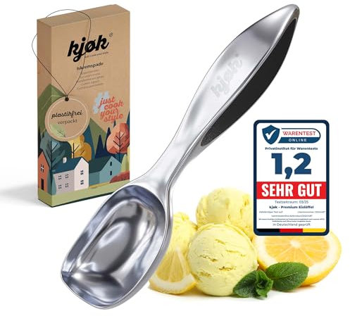 kjøk Premium Eislöffel Eiscreme Portionieren aus Zinklegierung in Chrom matt - Eisportionierer für Icecream - Eiskelle für Eis - Portionierer für Teig, Melonen, Reis oder auch Fleischbällchen