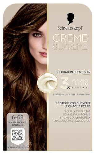 Creme Supreme - Schwarzkopf - Coloration Permanente - Resultat Couleur Uniforme - Coloration Creme Soin -Bonding - Pre-serum et Masque Soin -Couverture 100% Cheveux Blancs- 6-68 -Chatain Clair Caramel
