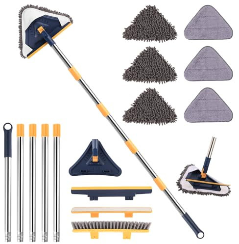 Wall Cleaner Mop with 78 Inch Long Handle, 5-in-1 Baseboard Cleaner Tool with Handle, 360° Wall Cleaning Tool with 3 Microfiber and 3 Chenille Pads for Ceiling, Baseboard, Window, Floor (Blue)