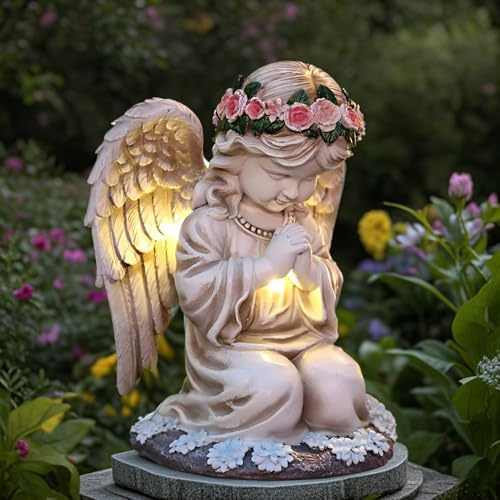 Afenau Solar Engel Gartenfiguren, Engel Grab Gebetsengel Solarleuchte, LED Fairy Engel Figur Grablichter, Grabschmuck Wetterfest, Gartendekoration für Grab, Hof Rasen(20,5 cm x 15,5 cm x 14 cm)