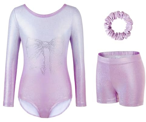 Gymnastics Leotards for Girls - Three-Piece Set with Sparkling Gradient Design, Long Sleeve Leotard, Shorts & Hairband for Ballet & Dance (Gradient Pink, Tag 8A(7-8 Years))