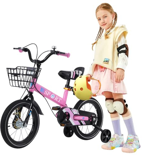 Willonin 16 Zoll Mädchenfahrrad für Mädchen von 5 bis 8 Jahren, Fahrrad für Mädchen und Jungen, Stahl mit hohem Kohlenstoffgehalt, einfache Stange mit Hilfsrad – Rosa