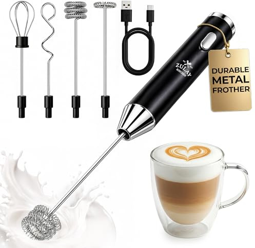 Zulay Kitchen Metal Rechargeable Milk Frother, 3 Whisk Attachments Handheld Frother Wand, 1800mAh USB-C Charging, Electric Drink Mixer for Protein, Matcha & Powders - One Charge Lasts up to 6 Months