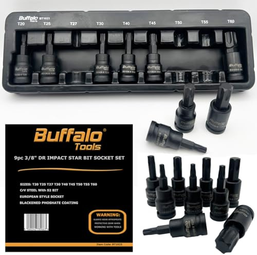 Buffalo Tools 9pcs 3/8 inch Torx Star Impact Socket Bit Set T10-T60, Durable Chrome Vanadium Steel, Rust Resistant TRX-Star Tool Set with Storage Tray