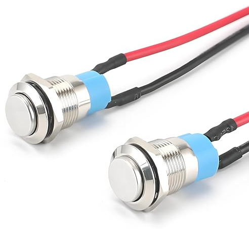 MejaRizon 2 Stück 12mm Wasserdicht Schalter, Selbstsichernder Edelstahl Taster, Wasserdichte Drucktaster, 12V/230V Drucktaster für Hupen, Autoklingeln, Autos mit 15cm Anschlusskabel