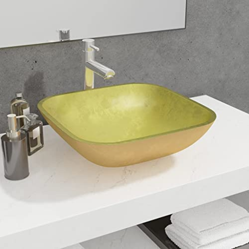 Vasque à Poser with Verre, Finition Dorée, Design Moderne, Lavabo Salle de Bain, Lavabo Enfant, Meuble Vasque Salle de Bain, Lave Main, Doré, 42 x 42 x 14 cm
