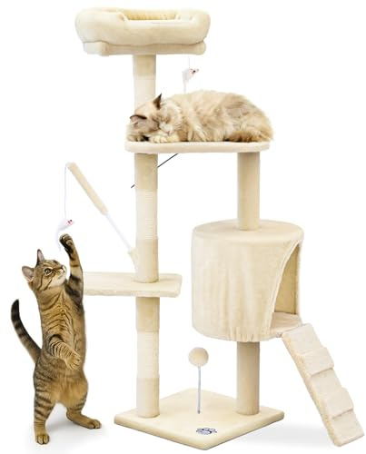VOUNOT® Kratzbaum Katzenbaum 112 cm hoch, Stabil Mehrstöckiger Kletterbaum Katzenkratzbaum mit Kratzsäulen Plattformen Höhle und Spielzeug, Beige