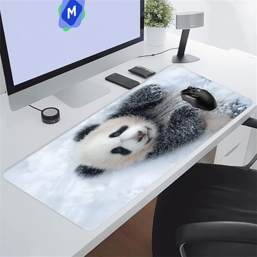 Grand Tapis de Souris Gaming Panda Animal Neiges XXL Mouse Pad 600x300x3 mm Tapis de Bureau Antidérapant avec Coutures sur Les Bords pour Gamer, Ordinateur, PC