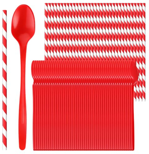 100 Sets 8.27 Inch red sturdy ice cream spoons and red and white striped paper straws, heavy duty plastic spoons and straws party supply for Cocktail Stirring Dessert Milkshakes Ice Cream