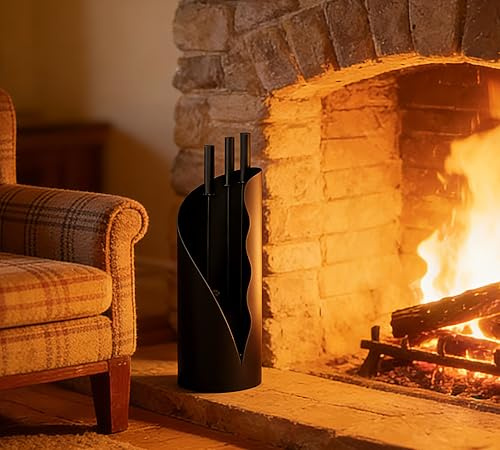Calidola Fireplace Tools Set with Stand – 4-Piece Black Iron Companion Set with Shovel, Brush & Poker – Powder Coated, Modern Round Base – 52.5cm Tall Fire Tool Set for Wood Stoves & Log Burners