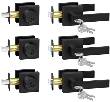 Camtek Exterior Door Lock Set with Deadbolt, Door Locks for Front Door with Single Cylinder Deadbolt Lock, Matte Black Door Handle with Lock and Key for Front Door, 3 Pack (All Same Keyed Alike)