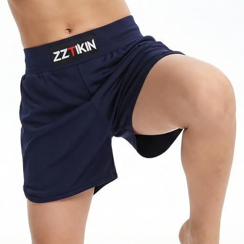 ZZTIKIN Kids Boxing Shorts, Black Athletic Training Shorts for Youth Boxing and Martial Arts (US, Numeric, 6, Dark Blue)